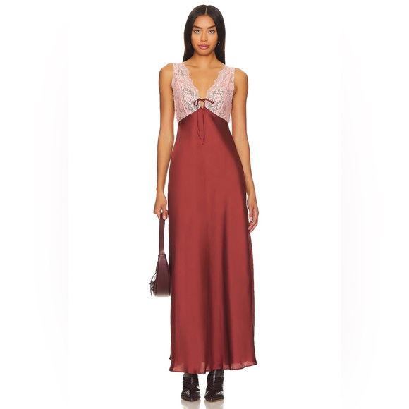 NWT Free People Sparkling Cider Slip Dress L Terra Cotta Satin Lace Maxi - Picture 4 of 10